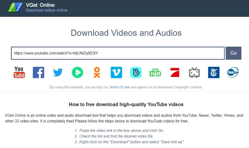 VGet 輸入影片網址，就可線上下載，支援 YouTube、Naver、Twitter、Vimeo...