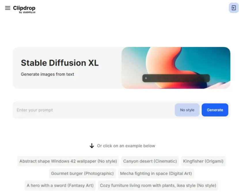 Clipdrop Stable Diffusion 由 AI 根據文字描述產出相關內容的圖片，可套用風格範本