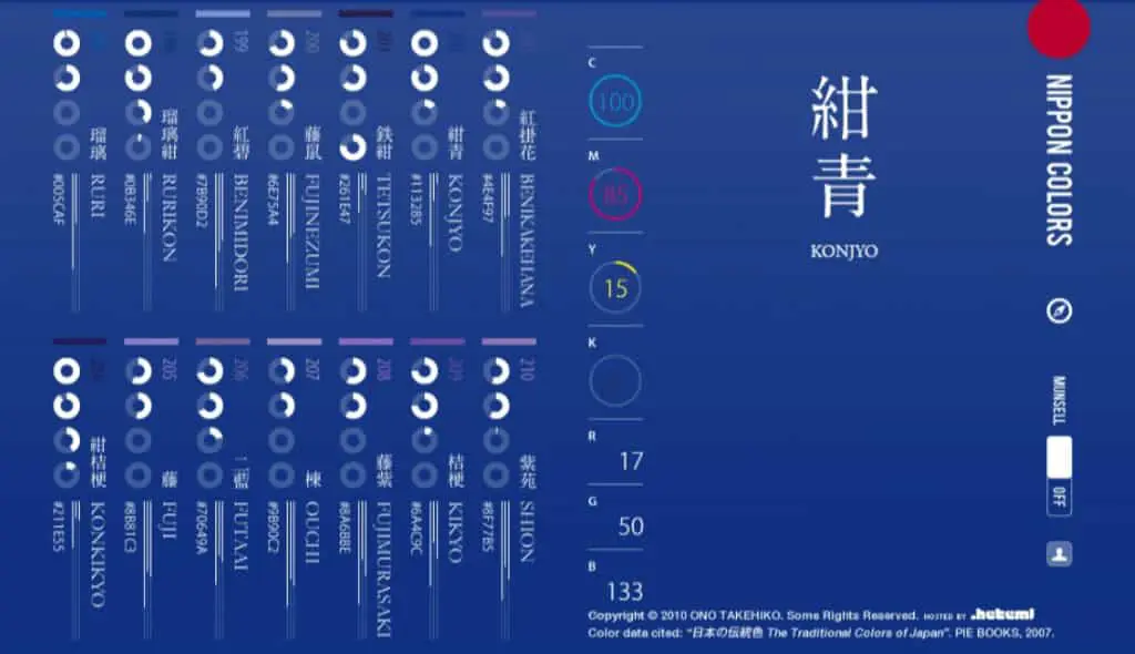 NIPPON COLORS 探索 250種日本傳統色彩，即時獲得 CMYK、RGB、HEX 色碼