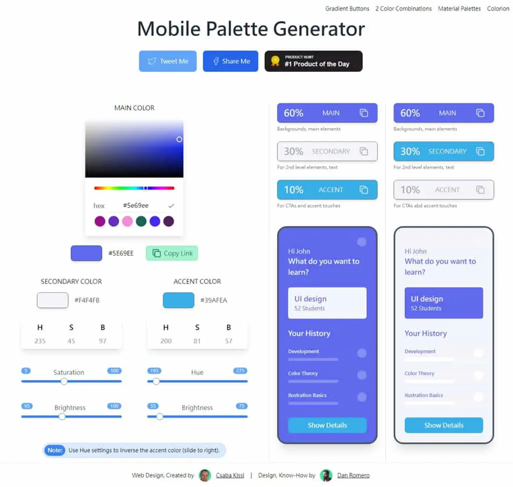 行動網頁配色工具：Mobile Palette Generator 快速生成主、次、強調色三種色彩配色建議