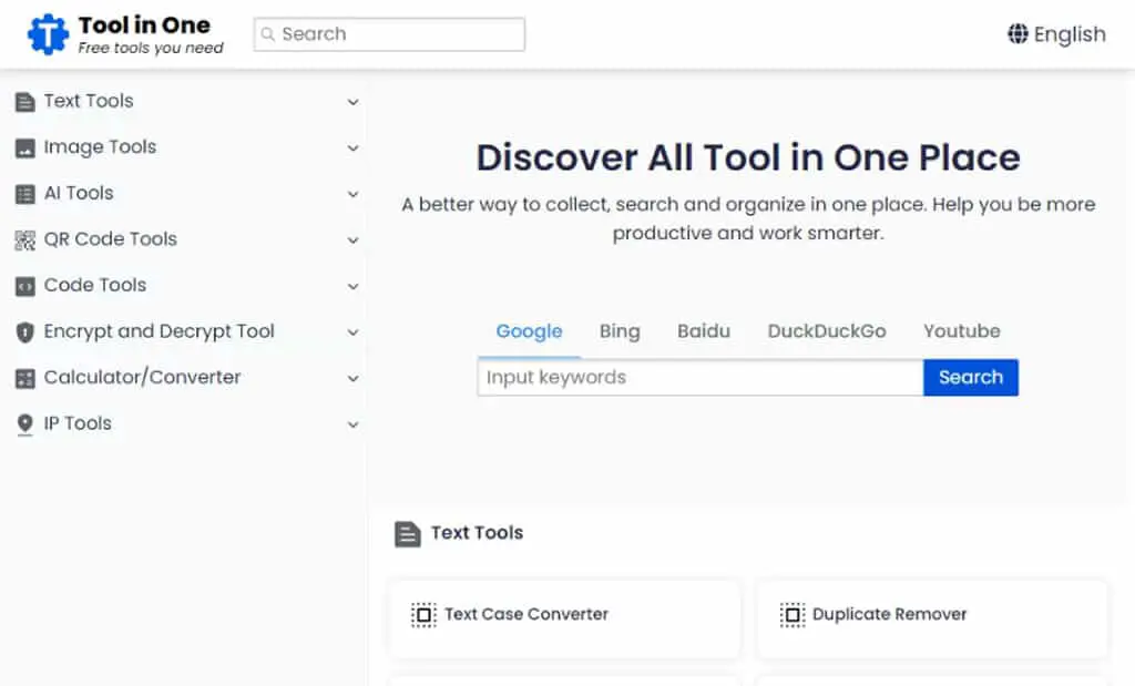 ToolinOne：涵蓋搜尋引擎、文字、圖片及 AI 等多功能工具的免費平台