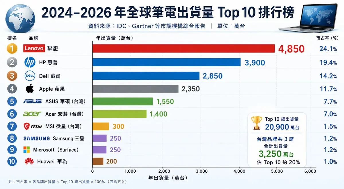 全球筆電出貨量排行出爐！10 大暢銷品牌，台灣佔 3 席，第 1 名竟不是 Apple