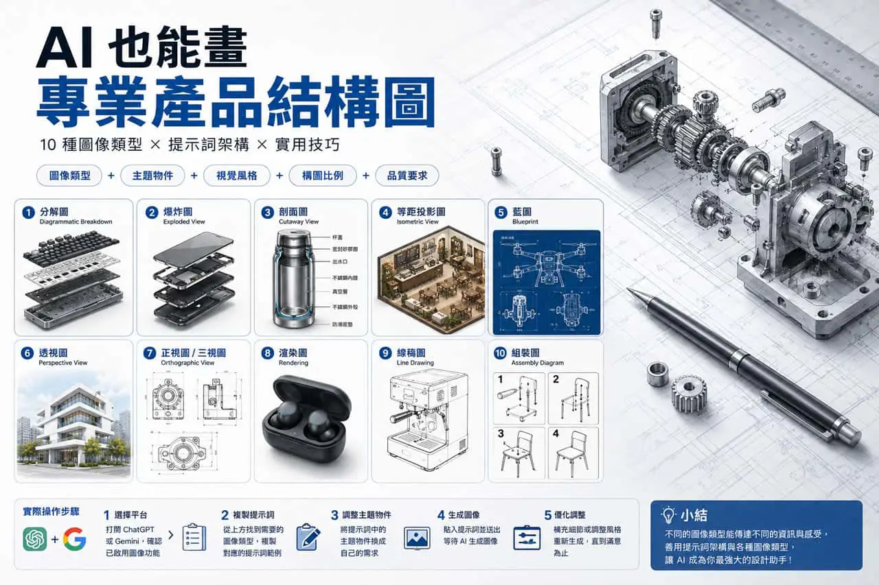 從分解圖到藍圖，AI 畫產品結構圖的 10 種 Prompt 全攻略