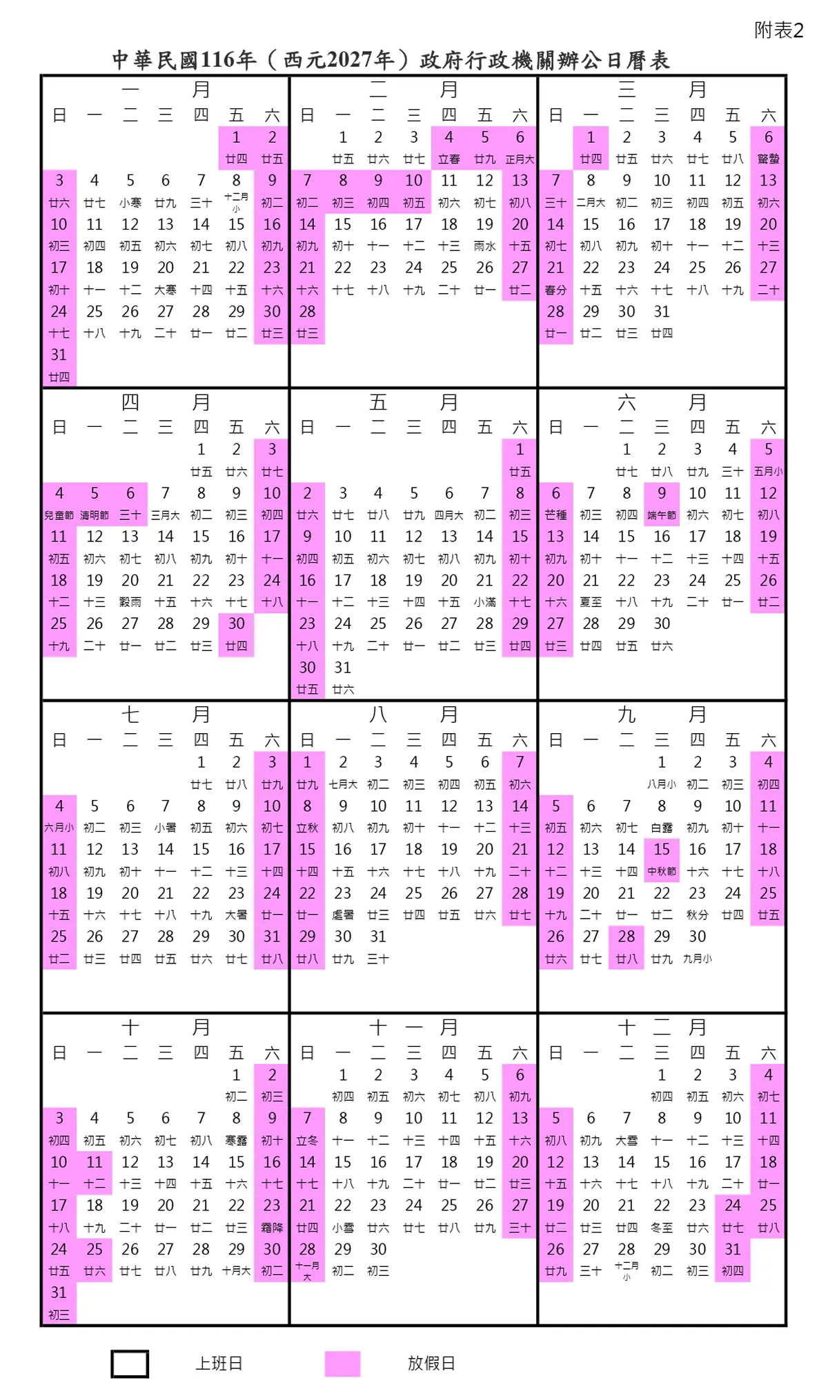人事行政總處公布 2027 年行事曆！全年放假 121 天、9 個連假一次看