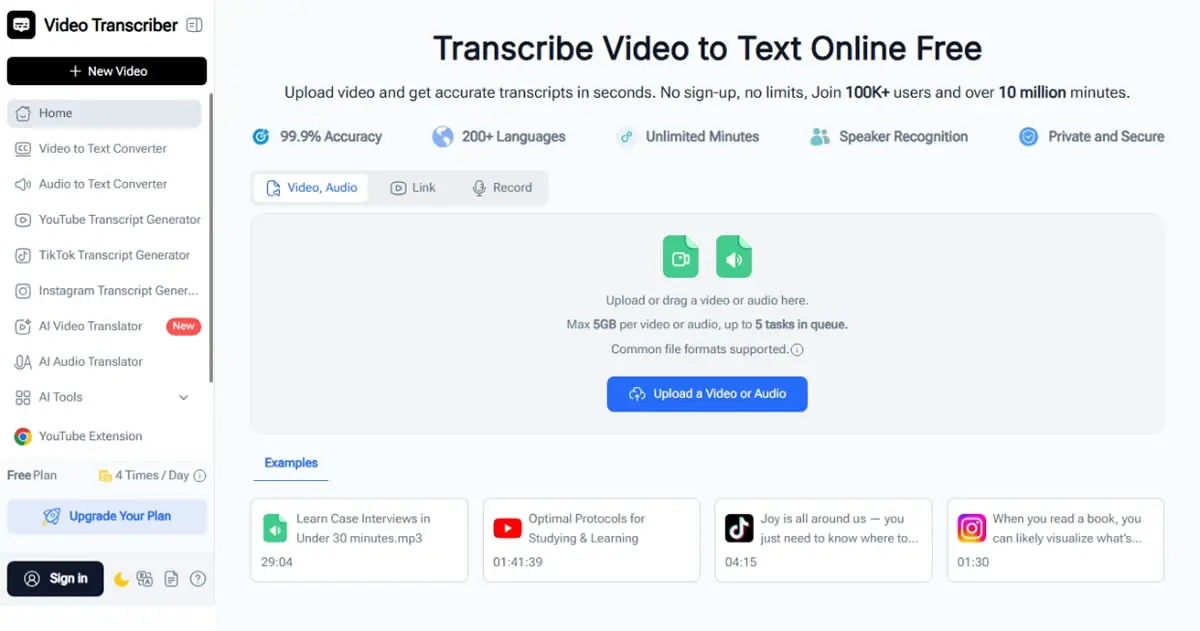 免費影片轉逐字稿！Video Transcriber AI 支援自行上傳、YouTube、TikTok 等，無時間限制