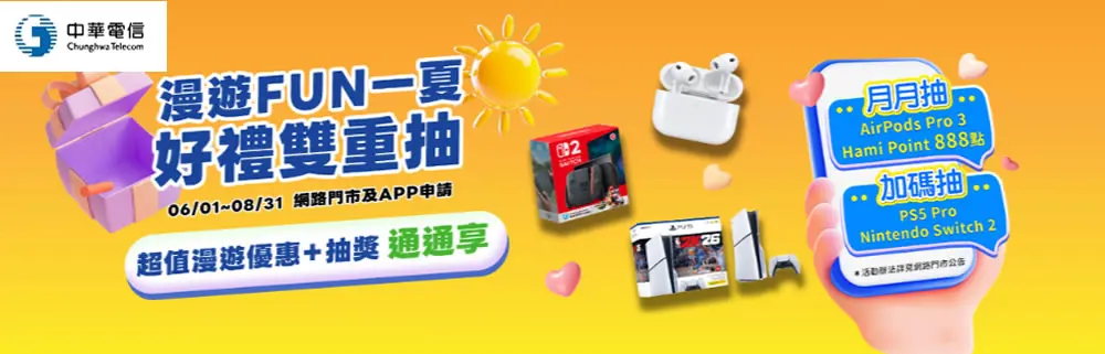 中華電信夏日漫遊方案出爐！韓國每日最低 99 元，月租預付卡皆適用，再抽 AirPods Pro 3 與 PS5 Pro
