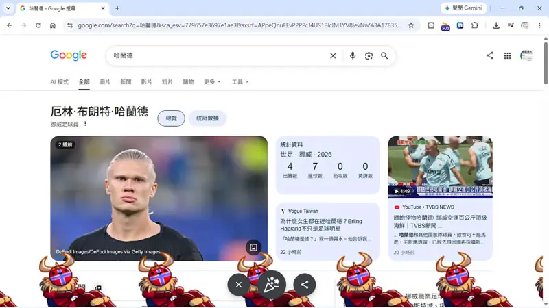 Google 足球世界盃隱藏版彩蛋！搜尋哈蘭德秒出「維京划船」動畫