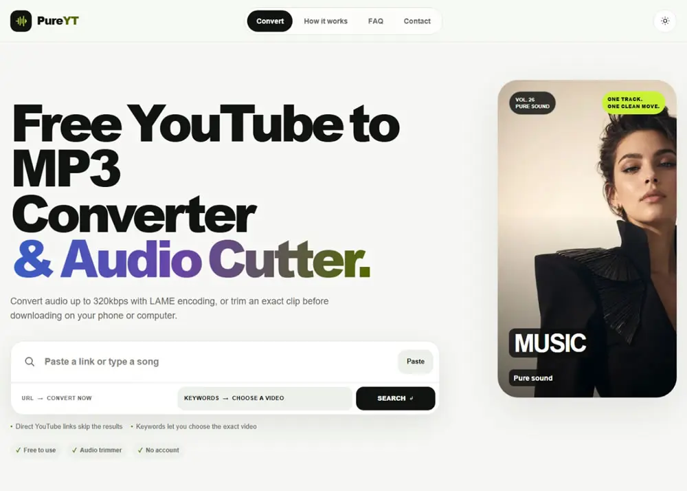 PureYT 免費 YouTube 轉 MP3/MP4 工具，直接在線上就能剪輯 MP3