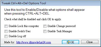 Tweak Ctrl+Alt+Del Options Tool 可關閉或開啟按下 Ctrl+Alt+Del 後的選項按鈕免費工具(免安裝)