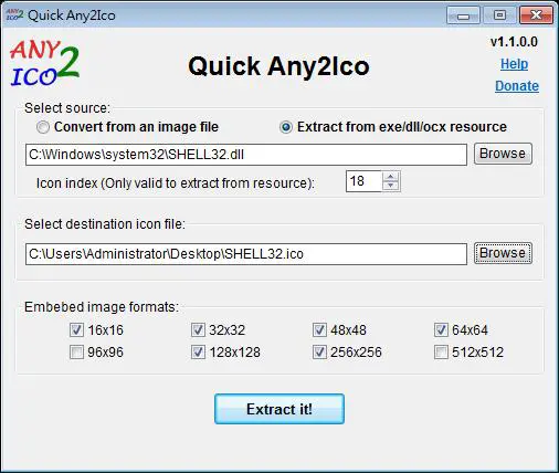 Quick Any2Ico 將圖片轉成 ICO 圖標檔或從 EXE、DLL、OCX 檔案中取出圖標(免安裝)